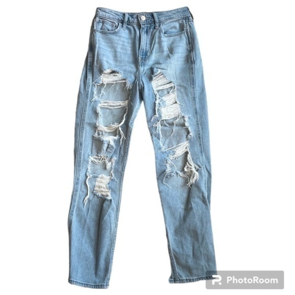 HOLLISTER DISTRESSED BLUE DENIM STRAIGHT LEG JEANS, 0S